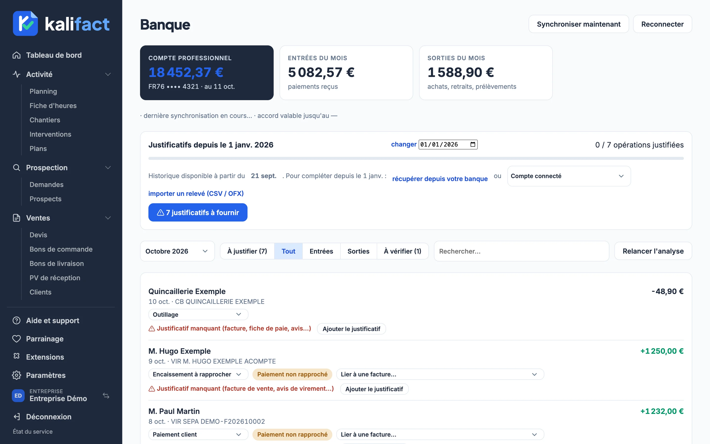 Aperçu de l'écran Banque