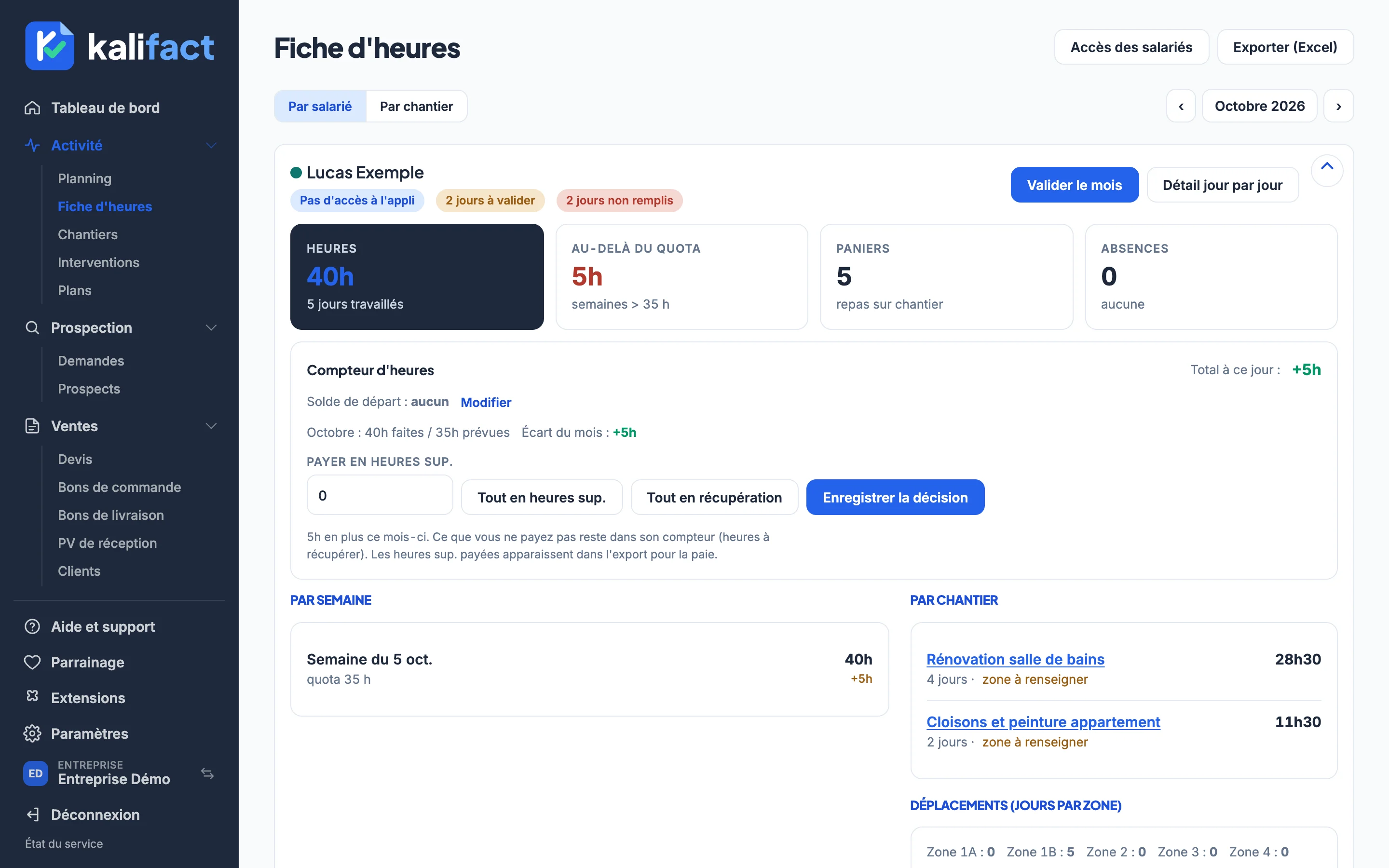 Aperçu de l'écran Fiche d'heures