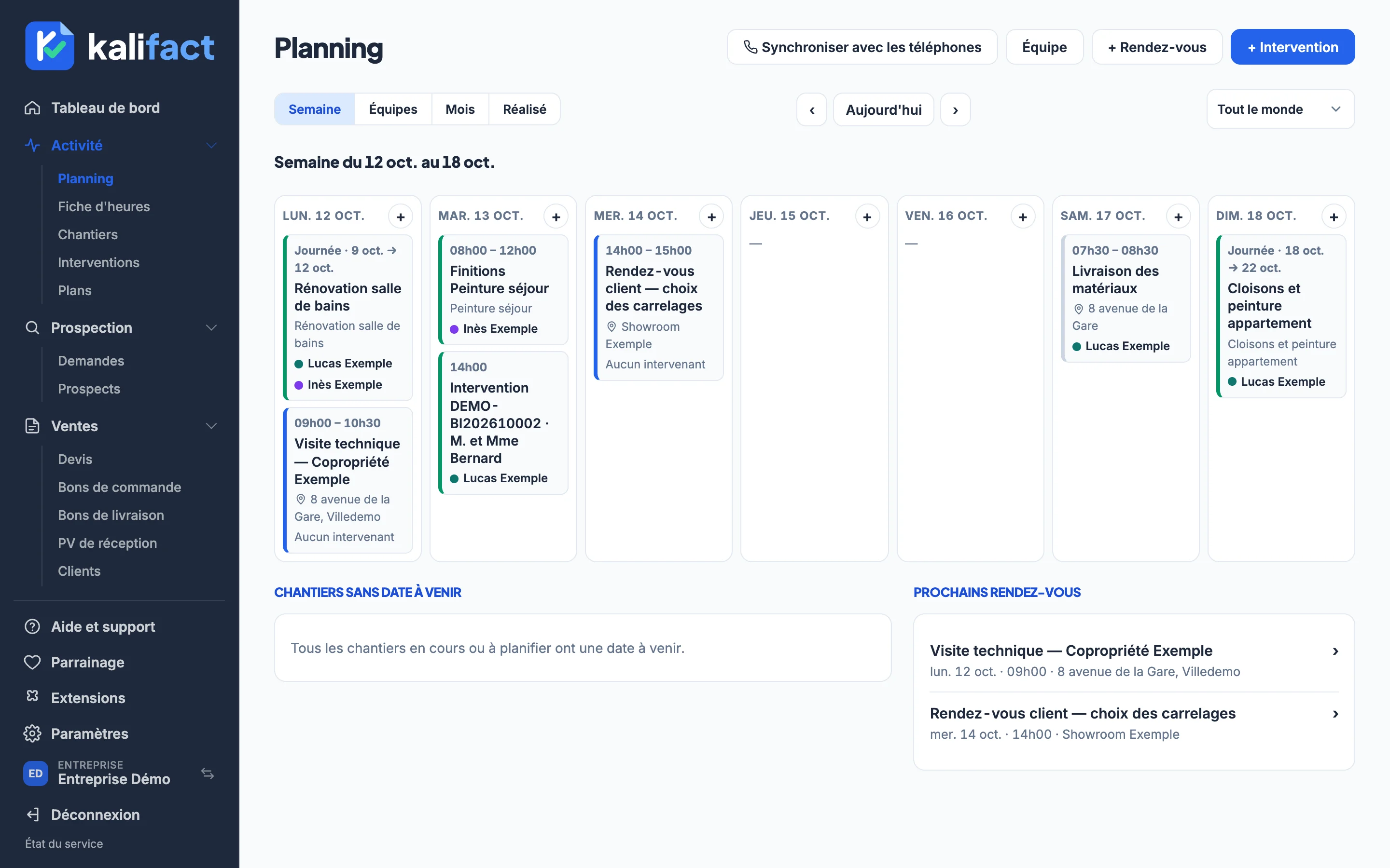 Aperçu de l'écran Planning